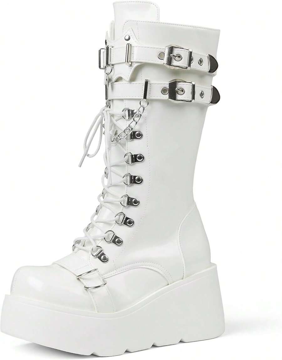 Women's Black Platform Boots Wedge Combat Gothic Chunky Heel Lace Up Mid Calf Punk Motorcycle Shoes