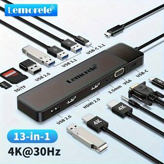 Lemorele TC200 13 In 1 Dock HMTV * 2 Support 4K@30HZ VGA Interface USB 3.0 Interface USB-C Interface SD/TF Card Slot 3.5 Audio Multi In One PRO/AIR Dedicated Readable Hard Disk And USB Flash Drive