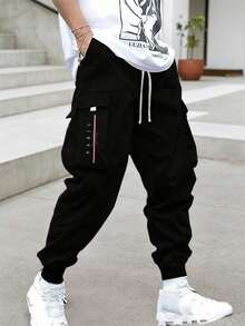 Men's Casual Cargo Pants, Slim Fit Outdoor Tapered Trousers - Black - View 1