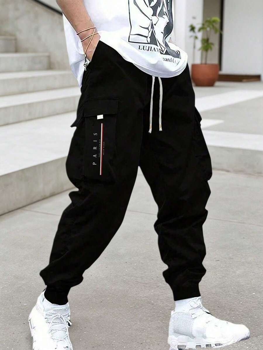 Men's Casual Cargo Pants, Slim Fit Outdoor Tapered Trousers - Black - View 1