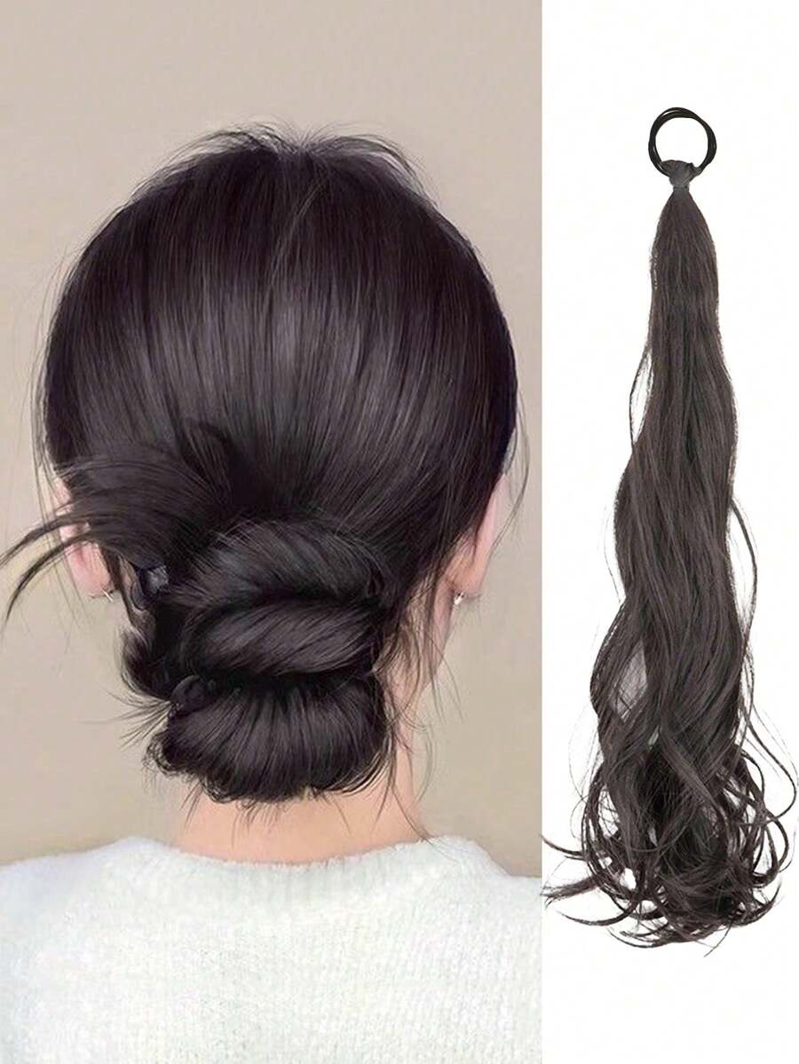 1 sợi tóc tổng hợp quấn quanh búi tóc đuôi ngựa, dài khoảng 20 inch. Dây buộc tóc xoăn lộn xộn có dây buộc nơ và phần mở rộng tóc cập nhật, thích hợp cho trang phục hàng ngày của phụ nữ - Nâu-Đen