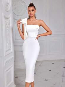 ADYCE Vestido de Coquetel Midi Elegante de Festa de Formatura com Decote Ombro Único, Laço, Fenda, Costas Abertas, Cor Sólida Branca, Vestido de Convidado de Casamento Semi-Formal, para Aniversário, Jantar, Formatura de Verão, Formatura, Vestido Branco de Ano Novo