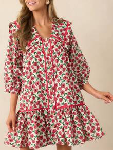 Women Boho Floral Tunic Dress V Neck 3/4 Sleeve Babydoll Mini Dress A Line Flowy Loose Shift Dresses - 紅色 - 查看 3