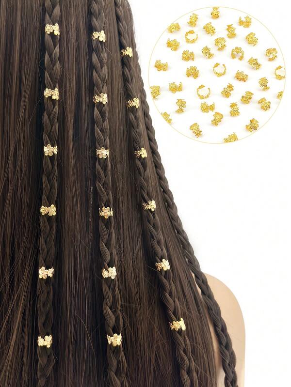 50pcs Mini Gold Flower Hair Ties For Girls, Personalized DIY Braiding Decorations Hair Clips Suitable For Braids, Weaves