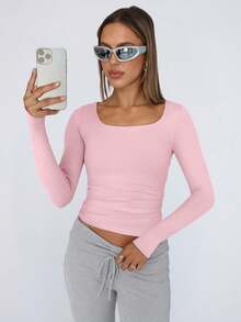GEREARC Women's  Scoop Neck Long Sleeve T Shirts Slim Fit Going Out Tops Basic Tee Fall And Winter Tops - Hồng - Xem 2
