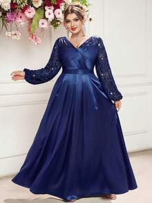 Plus Size V Neck Ruched Sequin Floral Lace Lantern Sleeve Contrast Satin Formal Party Maxi Dress, Wedding Guest Dress, Elegant Prom Dress - Navy Blue - View 6