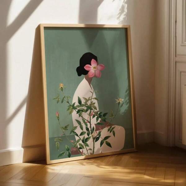 1 pieza Pintura abstracta moderna en lienzo de una mujer con cabeza de flor verde, personajes florales y plantas para decoración de pared de la sala de estar sin marco