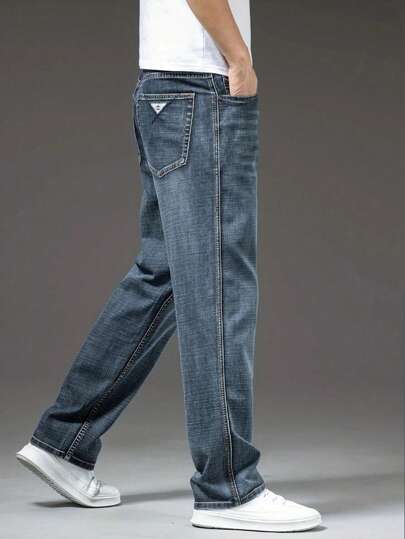 Calça jeans masculina reta, solta, elástica, casual, para negócios, com bolsos