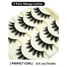 Asiteo 5 Pairs Of Doll Style Natural False Eyelashes - Transparent Stem Manga Eyelashes, Comic Fairy Design, Perfect For Role-Playing - Reusable - 黑色 - 查看 6