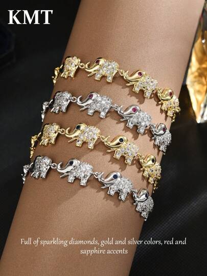 Pulseira feminina elegante com design de elefante fofo, cravejada com zircônias cúbicas em cobre. Perfeita para uso diário e festas.