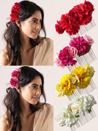 1件装女士新款波西米亚风人造布料纯色玫瑰花绿植发梳，适合海滩度假、拍照、新娘、伴娘发型配饰、发梳、侧梳、发饰、头饰、婚礼