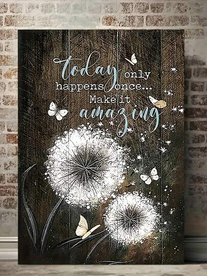 [Pintura de lienzo de madera rústica] Pintura de lienzo enmarcada en madera rústica de 1 pieza - Impresiones artísticas de diente de león y mariposa Decoración de pared para dormitorio y sala de estar - Póster de lienzo motivacional con marco