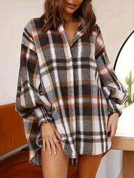 Plus Size Women Elegant Shirt Jacket - Button Front Plaid Lantern Sleeve Loose Version - Office Casual Top, Checkered Pattern Blouse