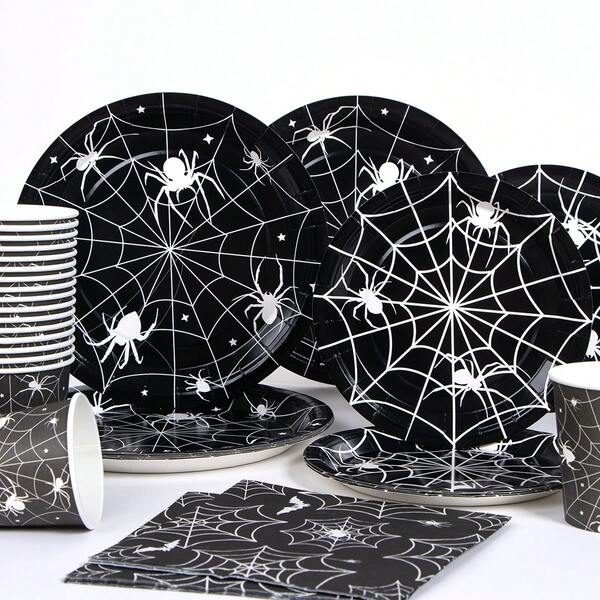 100 piezas/Set, incluye 25 platos desechables con fondo negro y telaraña blanca, servilletas y vasos, suministros para fiestas de Halloween con calabaza, adecuados para reuniones, cumpleaños, bodas y picnics familiares, reutilizables (7 pulgadas, 9 pulgadas, 9 onzas) - Feliz Halloween