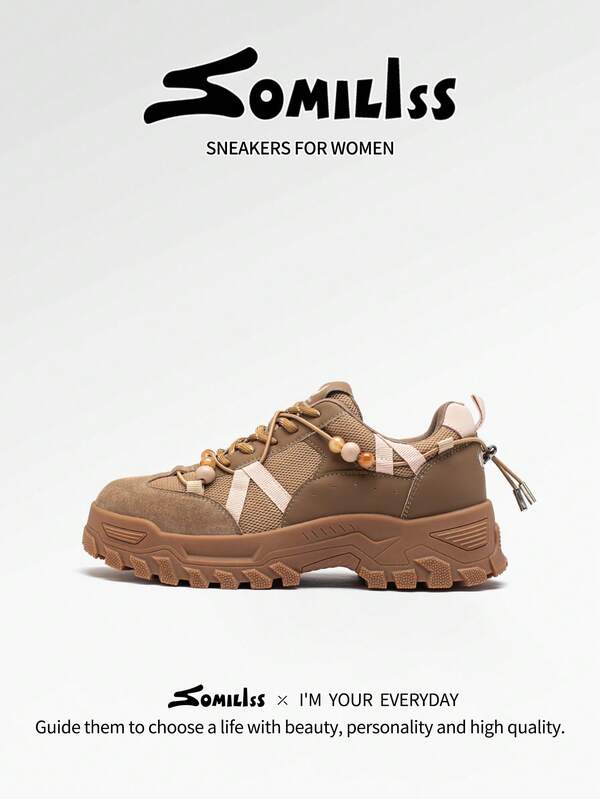 somiliss Women's Fashion Anti-Slip Casual Sports Shoes, Lace-Up Beaded Personalized Low-Top Outdoor Walking Shoes, 2025 Autumn New Casual Commuting Shoes, Brown