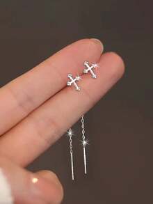 1 对 S925 纯银十字架吊坠耳环，银十字架链夏季耳环首饰，适合日常佩戴/毕业季/婚礼季/礼物