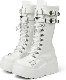 Women's Black Platform Boots Wedge Combat Gothic Chunky Heel Lace Up Mid Calf Punk Motorcycle Shoes