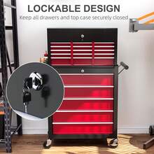HOMCOM 2 In 1 Rolling Tool Cabinet On Wheels With 14 Drawers, Pegboard And Side Rack, Lockable Top Tool Chest And Roller Cabinet Combo For Workshop And Home, Red - 紅色 - 查看 6