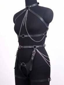 2件套女士链条皮革内衣束缚带身体笼胸罩异域朋克配饰性感内衣带吊袜带剑形腰带
