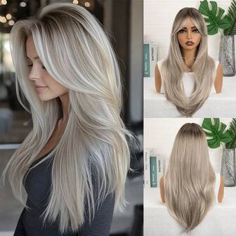 Graublonde Perücken für Frauen, lange geschichtete Farbverlauf-Perücken mit Mittelscheitel und Pony, hitzebeständiges synthetisches glattes Haar mit dunklen Wurzeln, natürlich realistisch für Alltag und Party