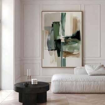 Brand MHEMYO Frameless Handmade Canvas Painting Green Beige Golden Japandi Abstract Art Neutral Wabi Sabi Wall Art Apartment Decor Above Bed Wall Hanging Painting No Frame