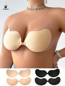 2/4PAIRS Plus Size Women's Invisible Adhesive Bra, Open Back Push-Up Bra, Reusable, Button Front Bra, Breast Augmentation - Breathable Skin-Friendly Cups, C-E Cups, Deep V Dress Open Back