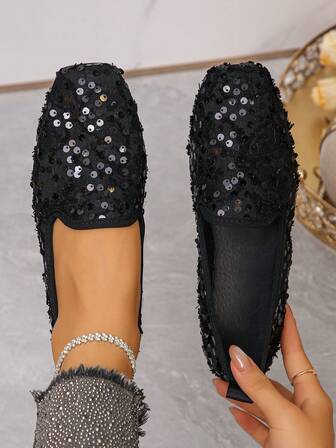 European & American Style Women's Black Sequin Shiny Slip-On Soft Bottom Work Commute Loafers, Spring/Autumn Casual Shoes, Suitable For Daily, Festivals, Parties, Flat Ballet Flats