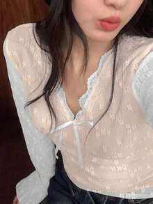 2025 Spring/Autumn Comfortable & Fashionable Long Sleeve Lace-Up Blouse - White - View 3