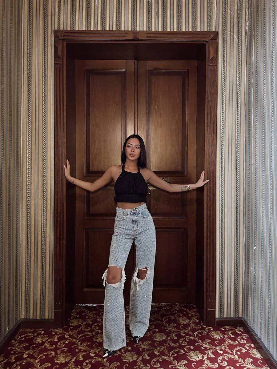 SQUALO 女式阔腿彩色口袋细节做旧复古水洗街头风格牛仔裤破洞镂空阔腿牛仔裤 - 棕色 - 查看 1