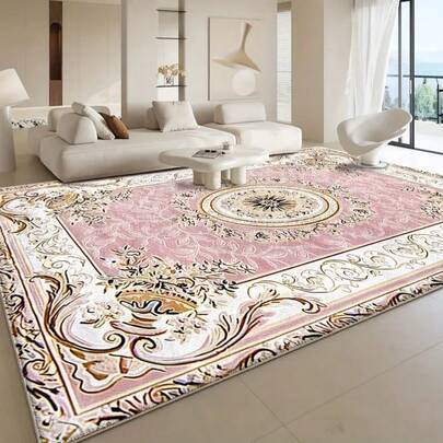 1 pezzo Elegante tappeto da zona in poliestere, tappeto finto lana di grandi dimensioni antiscivolo con un design lussuoso rosa, bianco e oro, adatto per soggiorno, camera da letto, giardino, patio, ingresso e decorazione per bagno, cucina e tappeto da cucina