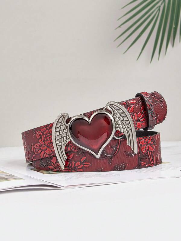 حزام رجالي كاجوال مطرز بنقوش زهرية غير متماثلة مع إبزيم معدني بتصميم جناح قلب من الطراز الغربي الرجعي Y2K، مناسب للارتداء اليومي في فصلي الخريف والشتاء، مناسب للمراهقين والشباب والرجال، للاستخدام اليومي والخارجي والرياضي والعطلات والهدايا في المناسبات كعيد الميلاد والتخرج