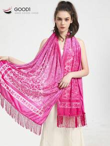 1pc Floral Flocked Scarf With Tassels, 3D Flower Jacquard Solid Color Large Shawl Wrap, Elegant Classic Style For Formal Dress Winter Fall - Burgundy - View 1