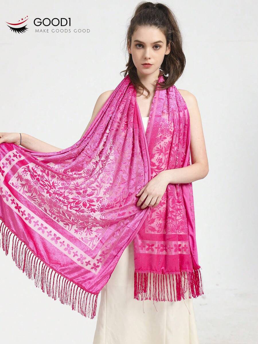 1pc Floral Flocked Scarf With Tassels, 3D Flower Jacquard Solid Color Large Shawl Wrap, Elegant Classic Style For Formal Dress Winter Fall - Burgundy - View 1