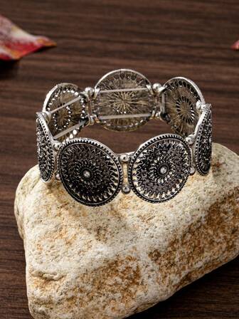 1 pezzo Braccialetto elastico nero con fiore in plastica e strass, stile floreale vintage arabo, alla moda per uso quotidiano delle donne