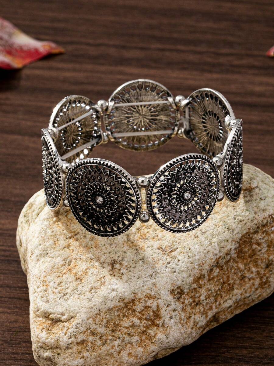 1 件复古阿拉伯风格花卉装饰塑料水钻黑色花朵弹性手链，时尚女性日常佩戴 - 復古銀色 - 查看 1