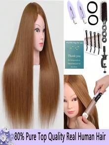 带真人头发的模特头 80% 26 英寸头发模特头，可在娃娃头上练习发型设计，配有夹子和工具，美容模特头（#4 无化妆） - 紫紅色 - 查看 10