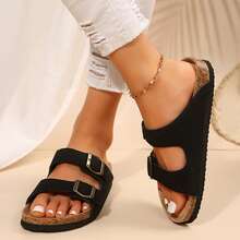 Womens Slippers Sandals Slip On Adjustable Buckle Cork Footbed - màu đen - Xem 3