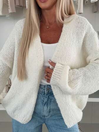 Women's Casual Loose Front Cardigan Sweater, Solid Color Long Sleeve Cropped Knit Cardigan, Ribbed Texture Soft Fuzzy Warm Sweater, Low Elasticity, Suitable For Outdoor And Indoor Wear