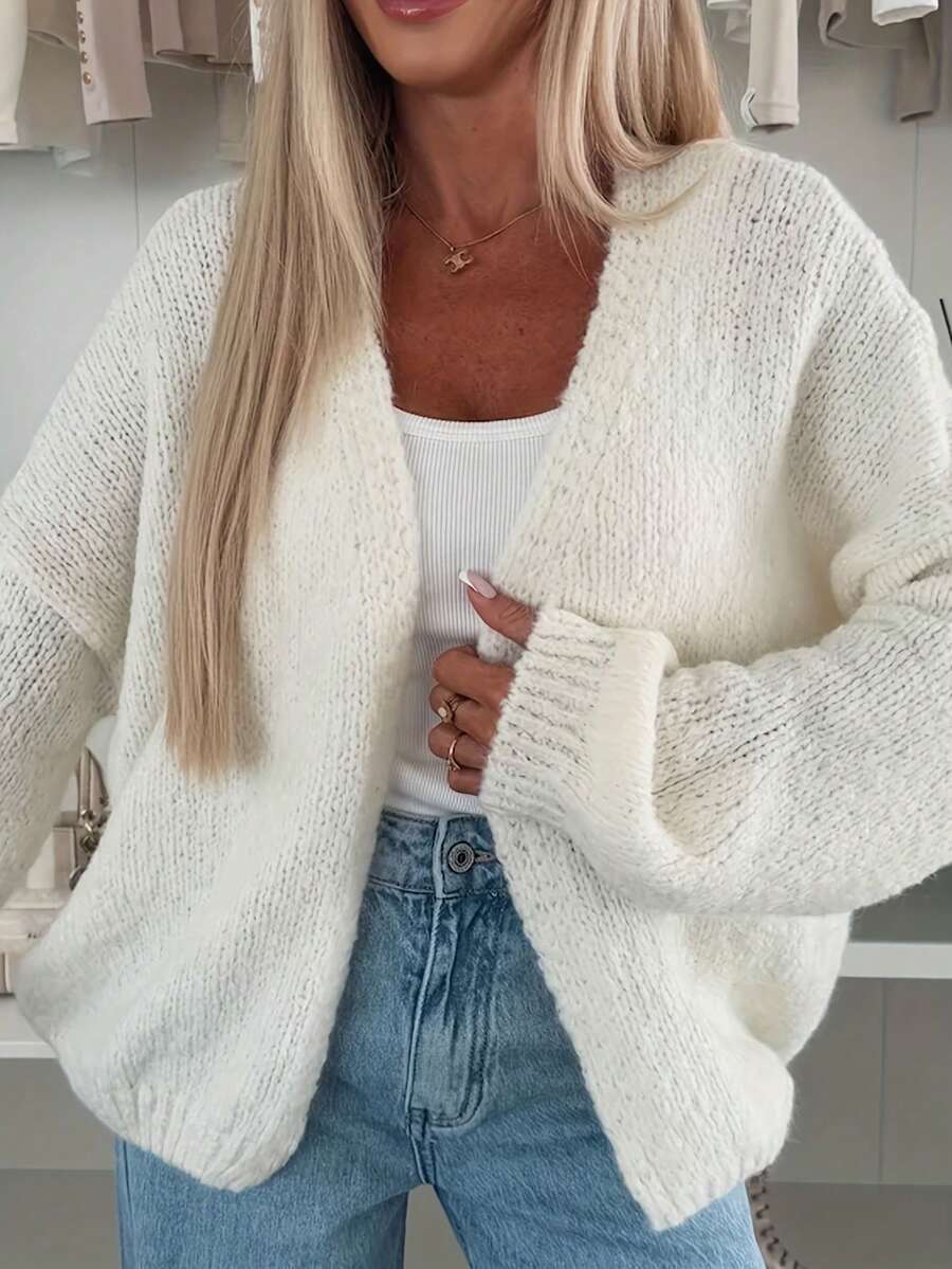 Women's Casual Loose Front Cardigan Sweater, Solid Color Long Sleeve Cropped Knit Cardigan, Ribbed Texture Soft Fuzzy Warm Sweater, Low Elasticity, Suitable For Outdoor And Indoor Wear