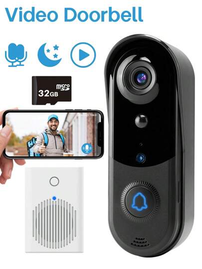 Smart 1080P Video Doorbell Camera Wireless Included 1pcs White Indoor Chime, AI Human Detection, Message Push, Live View, 2-Way Audio, IR Night Vision, 2.4G Wi-Fi, 32GB Micro SD Card Storage And Free Cloud Storage, Easy To Install, Indoor/Outdoor Security