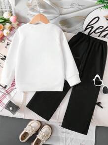 Tween Girls' Letter Print Crew Neck Sweatshirt And Pants Casual Outfit