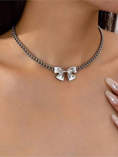 1pc Fashionable Chain With Bowknot Pendant Necklace, Fresh And Cute Elegant Design Suitable For Women's Daily Wear, Parties And Dates, Great Gift