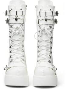 Women's Black Platform Boots Wedge Combat Gothic Chunky Heel Lace Up Mid Calf Punk Motorcycle Shoes