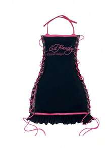 Women's Fashion Retro Halloween Skull Positioning Printing Oil Painting Drawstring Bra Suspender Dress - black and pink - View 2