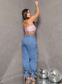 Cropped Corset With Ribs And Shiny Strapless | Ties At The Back Fashion 2025 Summer/Carnival/Party - Watermelon Pink - View 7