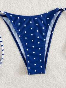 全新夏季女式打结绳可爱波尔卡圆点印花性感度假比基尼套装 - 藍白色 - 查看 5