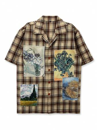 1pc Plaid Patchwork Short Sleeve Shirt, Yellow Plaid, Oil Painting Graphic Print Patchwork, Casual Wear, Minimalist & Versatile Design