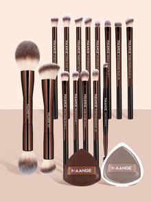 MAANGE Conjunto de 13/14/15 pincéis de maquiagem profissionais com cerdas macias e cabo longo de alumínio, incluindo pincel para cílios, pincel para sombra, pincel para sobrancelhas, pincel para esfumar, pincel para lábios, pincel para iluminador e pincel para corretivo. Adequado para cosméticos em pó, líquidos e cremosos. Ideal para uso diário e viagens. Conjunto de acessórios de maquiagem perfeito para presentear amigas e amigos. Conjunto completo de pincéis de maquiagem profissionais. - Castanho - Ver 15