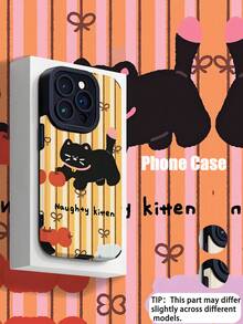 1pc Unique Naughty Cat Striped Faux Leather Protective Soft Phone Case, Compatible With Apple And 16/16 PLUS/16 PRO/16 PRO MAX - Multicolor - View 1