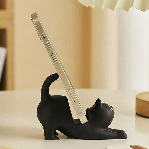 Stretching Cat Phone Holder, Desktop Decor Artwork, Phone & Tablet Stand, Black, White Resin, Both Black Cat And White Cat Are Good Cats
